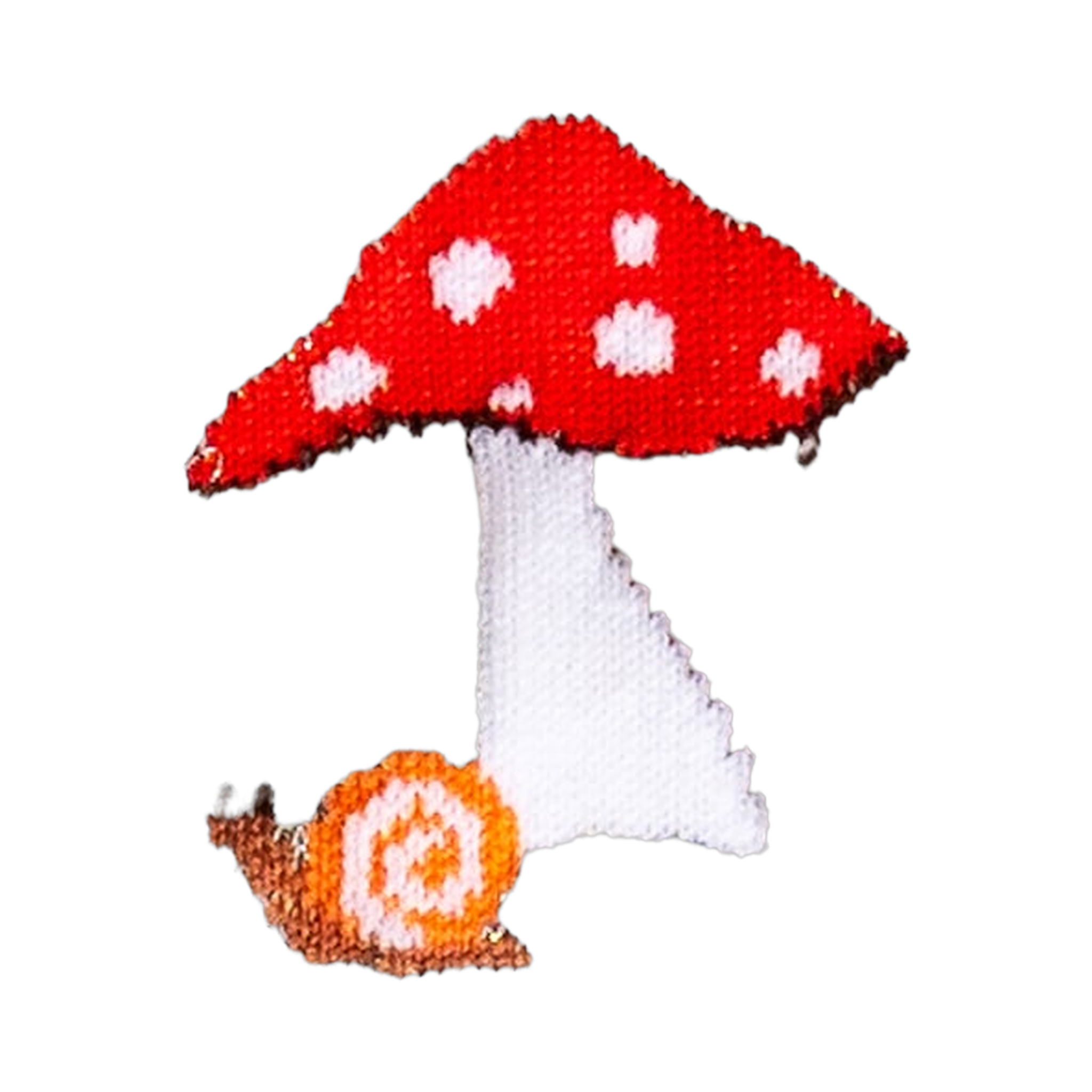 Close-up detail shot of the sock fabric, highlighting the red mushroom and snail pattern on the grey shimmery background.