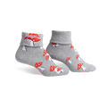Pair of grey shimmer ankle socks with red mushroom and snail designs.  The cuff is folded down, revealing 'Magical!' text.