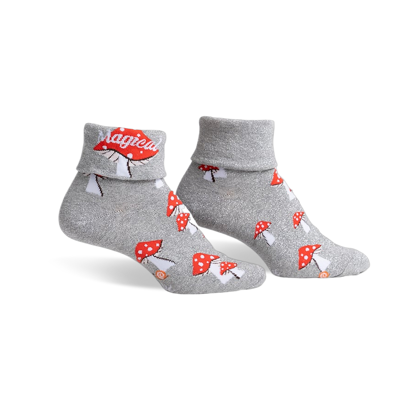 Pair of grey shimmer ankle socks with red mushroom and snail designs.  The cuff is folded down, revealing 'Magical!' text.