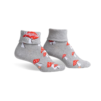 Pair of grey shimmer ankle socks with red mushroom and snail designs.  The cuff is folded down, revealing 'Magical!' text.