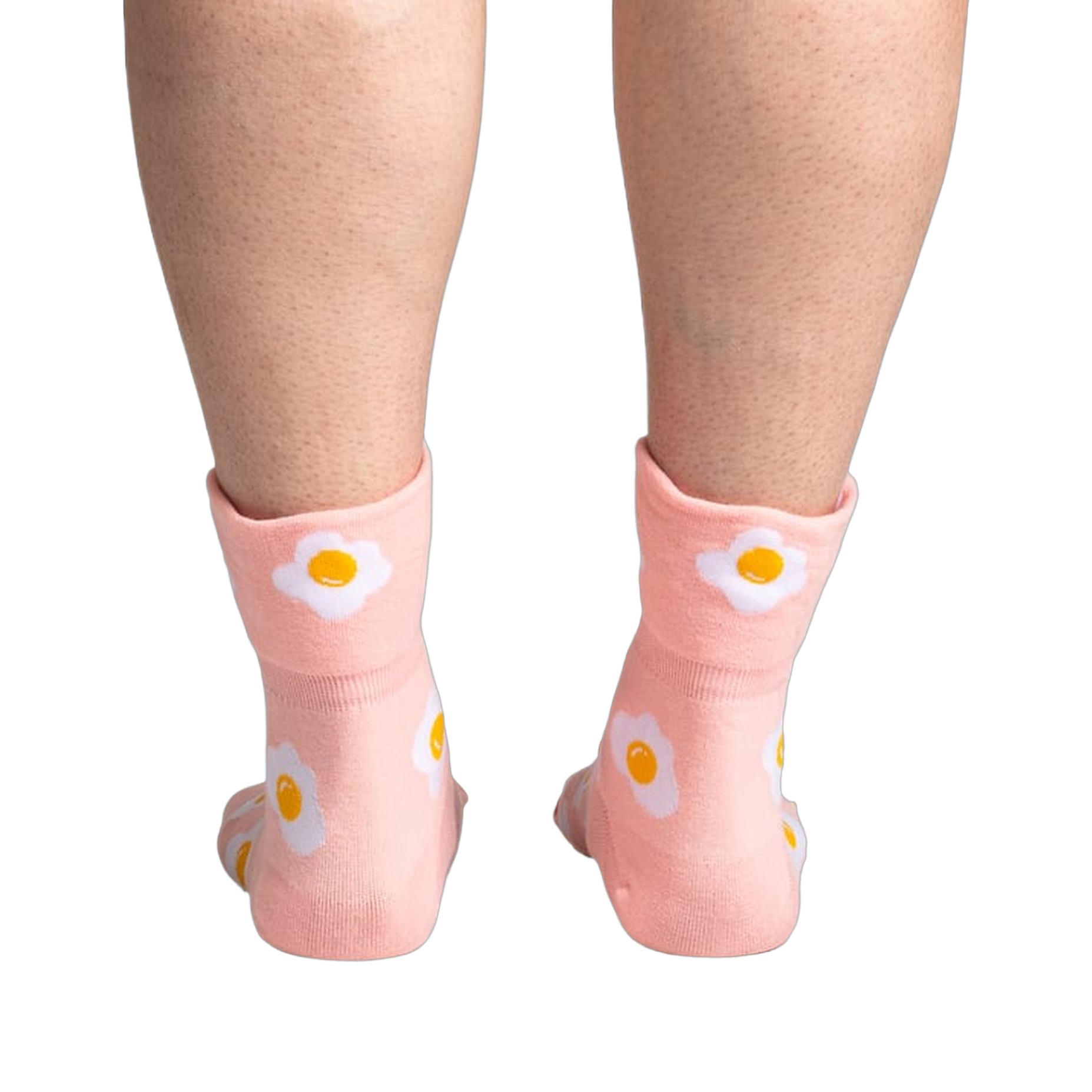 Back view of the socks on a person's legs, highlighting the design on the back of the socks.