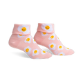Pair of pink ankle socks featuring a whimsical all-over print of smiling fried eggs.  The socks have a folded-over cuff.