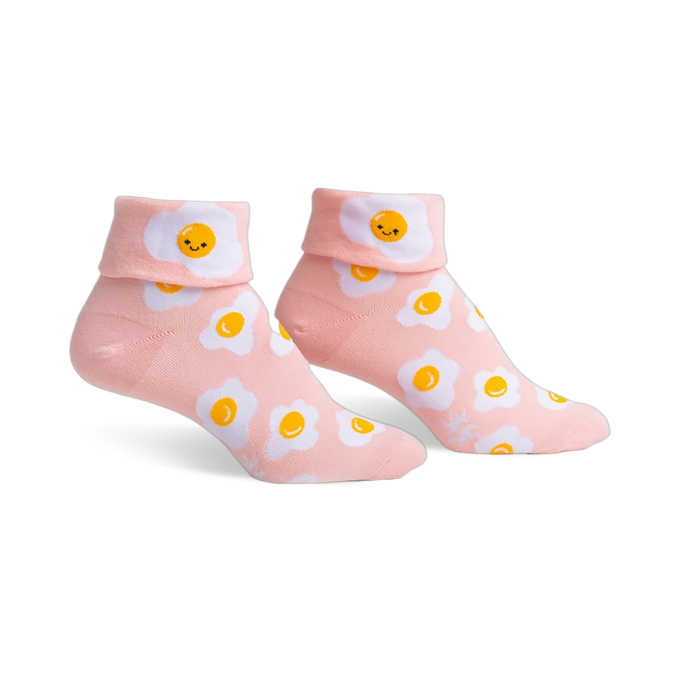 Pair of pink ankle socks featuring a whimsical all-over print of smiling fried eggs.  The socks have a folded-over cuff.