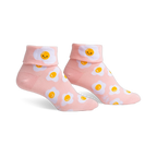 Pair of pink ankle socks featuring a whimsical all-over print of smiling fried eggs.  The socks have a folded-over cuff.
