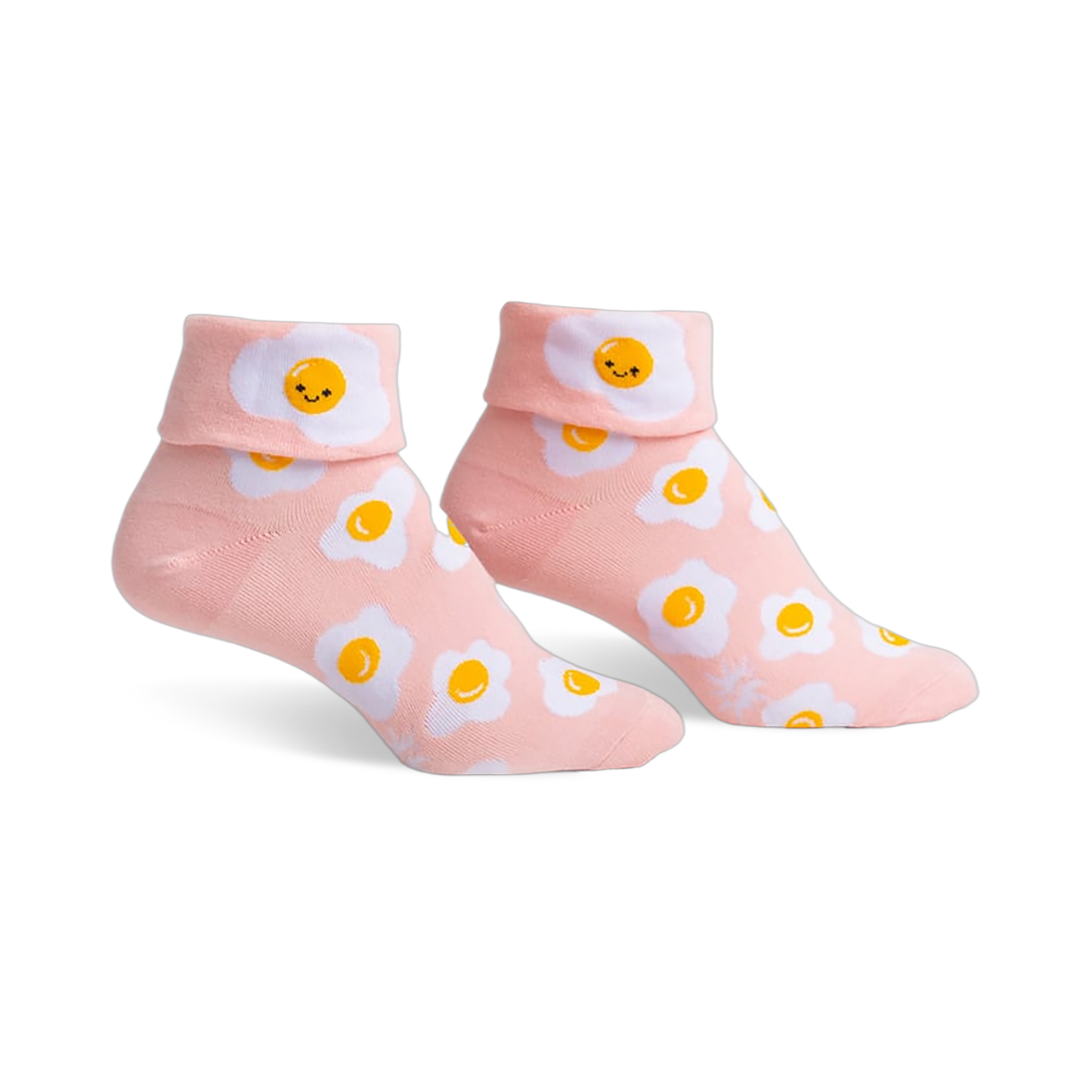 Pair of pink ankle socks featuring a whimsical all-over print of smiling fried eggs.  The socks have a folded-over cuff.