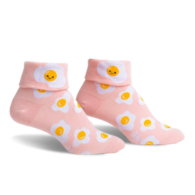 pair of pink socks with a white and yellow sunny side up egg design. the socks are shown laying flat with the front of the socks facing the camera.