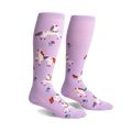 Pair of lavender knee-high socks with a whimsical design of prancing white unicorns and small flowers.