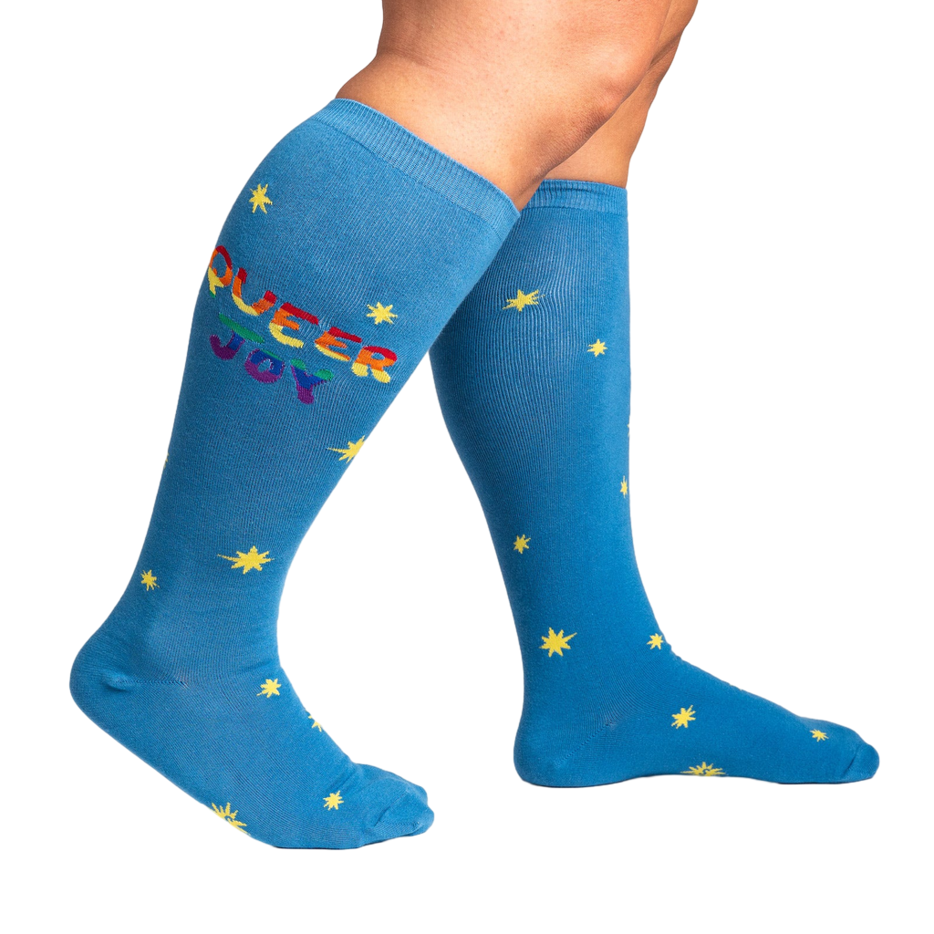 Lifestyle shot: Person wearing blue knee-high socks with 'Queer Joy' and stars. Shows the fit and style.