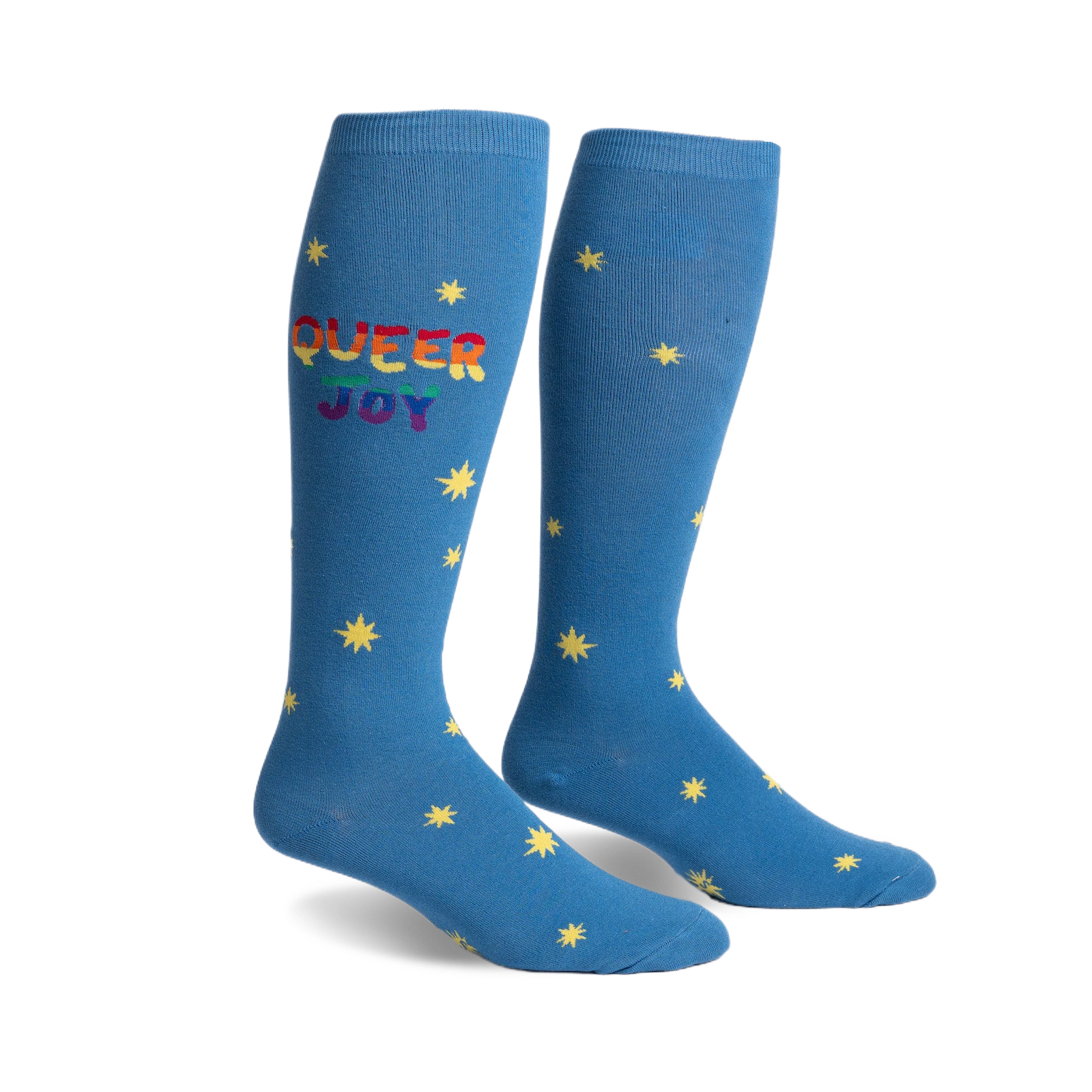 Pair of blue knee-high socks.  Rainbow 'Queer Joy' text and yellow star pattern.