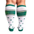 Rear view of the '100% Lucky' socks, showcasing the full design and placement of the shamrocks and stripes.