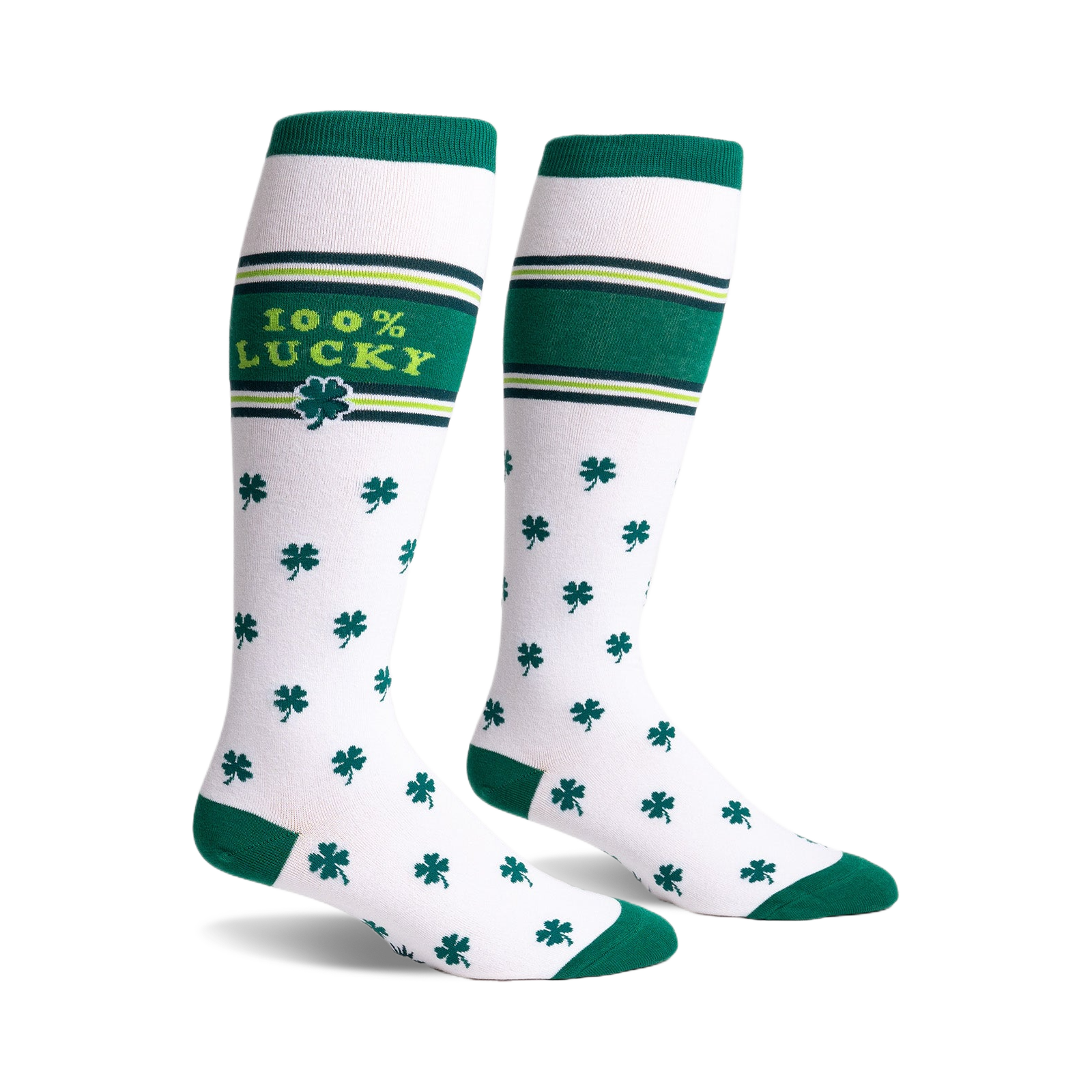 Pair of white knee-high socks with green shamrock pattern, green stripes, and '100% Lucky' text.