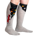 Lifestyle shot of the 'Moon Walk in the Morning' socks on a person's legs, highlighting the extra stretch.