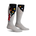 Pair of grey knee-high socks. One side features a cartoon astronaut, planets, and a black space-like design, the other side is solid grey.