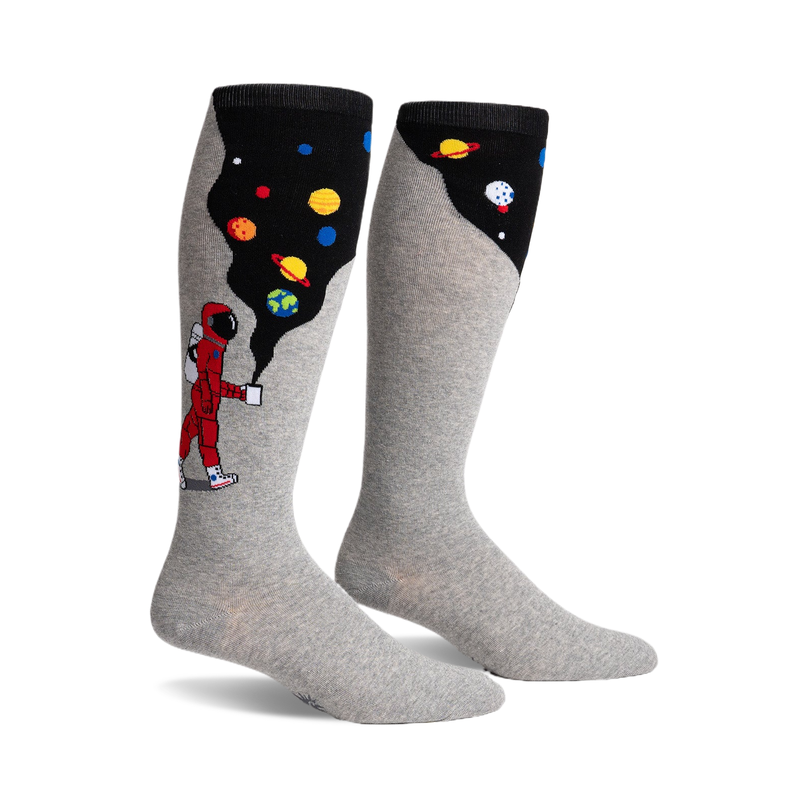 Pair of grey knee-high socks. One side features a cartoon astronaut, planets, and a black space-like design, the other side is solid grey.