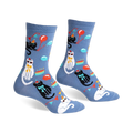 Crew socks in blue featuring black and white cats wearing party hats, balloons, and cake designs.