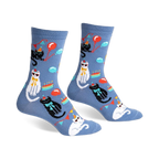 Crew socks in blue featuring black and white cats wearing party hats, balloons, and cake designs.