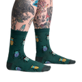 Lifestyle shot: Beetle-Mania! socks on a model's legs, showcasing the fit and design.