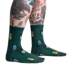 Lifestyle shot: Beetle-Mania! socks on a model's legs, showcasing the fit and design.