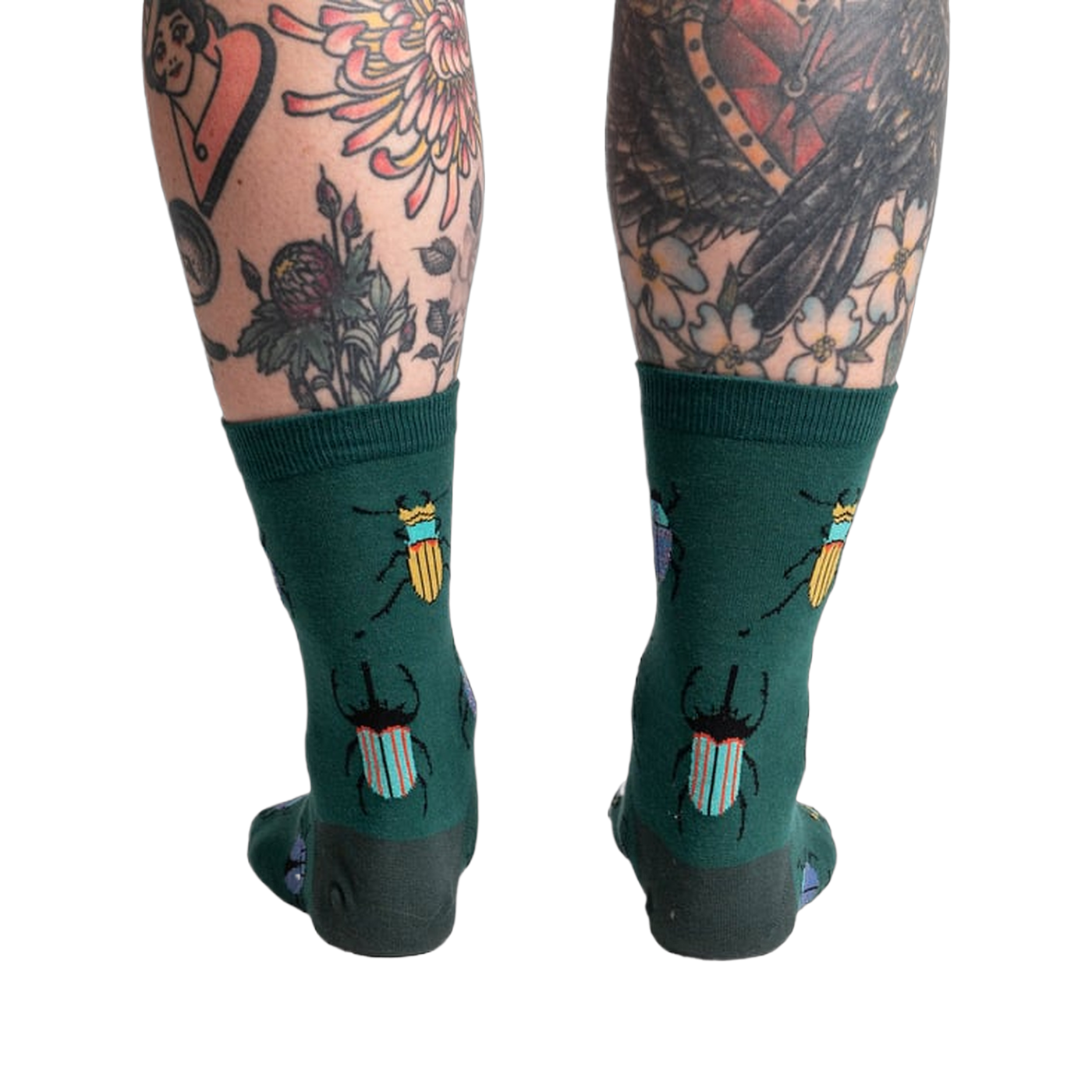 Back view of the socks highlighting the beetle pattern on the back of the leg.