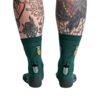 Back view of the socks highlighting the beetle pattern on the back of the leg.