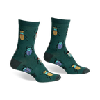 A pair of green crew socks with a whimsical pattern of colorful beetles. Yellow and blue beetles are scattered on a dark-green background.