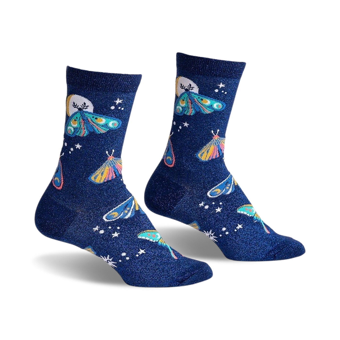 Pair of women's crew socks in dark blue glitter. Features whimsical moon and moth designs in pastel pinks, blues, and yellows.
