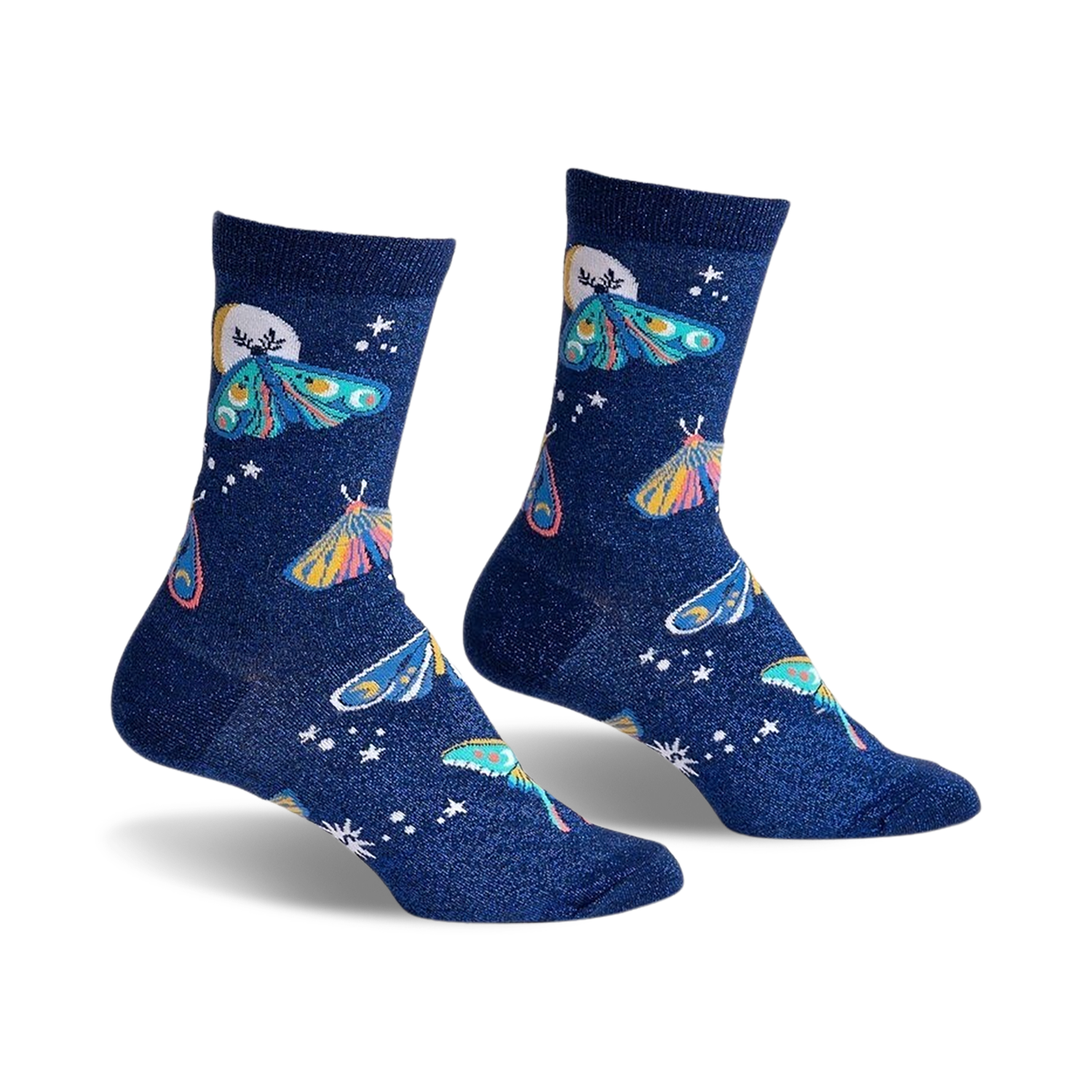 Pair of women's crew socks in dark blue glitter. Features whimsical moon and moth designs in pastel pinks, blues, and yellows.