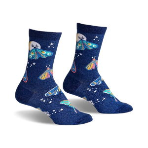 crew-length socks in dark blue feature a captivating pattern of intricately detailed multi-colored moths and scattered stars for women.  