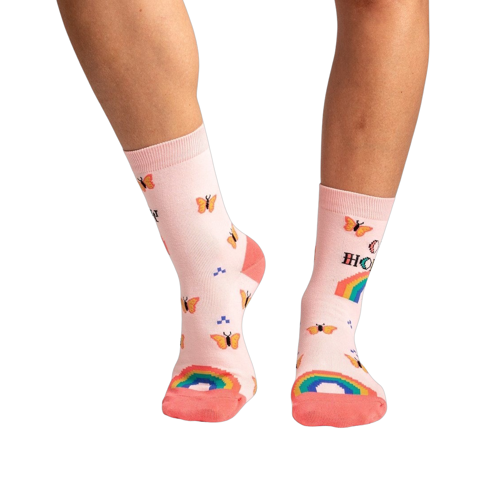 Lifestyle shot showing the socks on a model's legs, highlighting the fit and overall look.