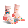 Pair of pastel pink crew socks with an 'Oh, Honey' pixelated message, rainbow, and orange butterflies.