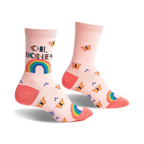 Pair of pastel pink crew socks with an 'Oh, Honey' pixelated message, rainbow, and orange butterflies.