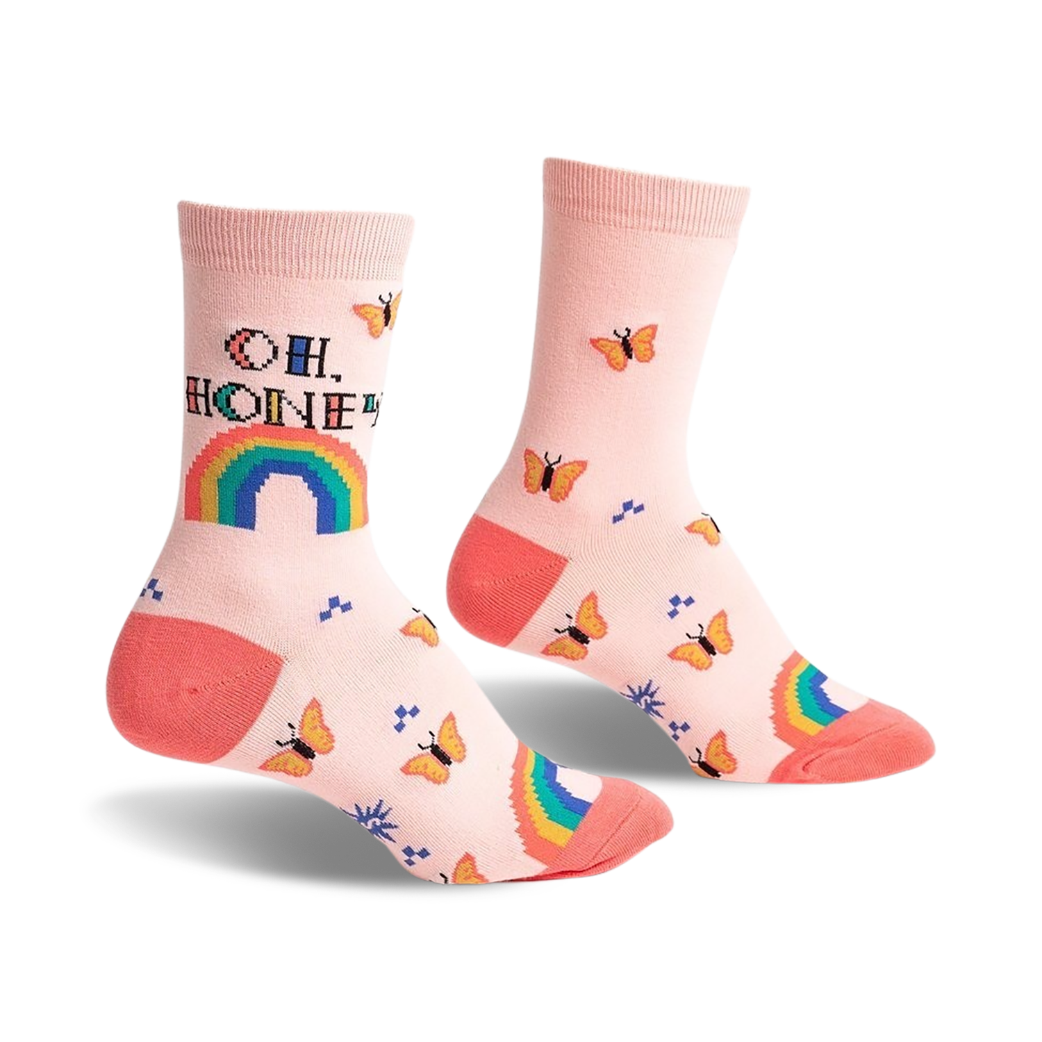 Pair of pastel pink crew socks with an 'Oh, Honey' pixelated message, rainbow, and orange butterflies.