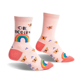 single pair of pink oh honey crew socks with butterflies, for women  