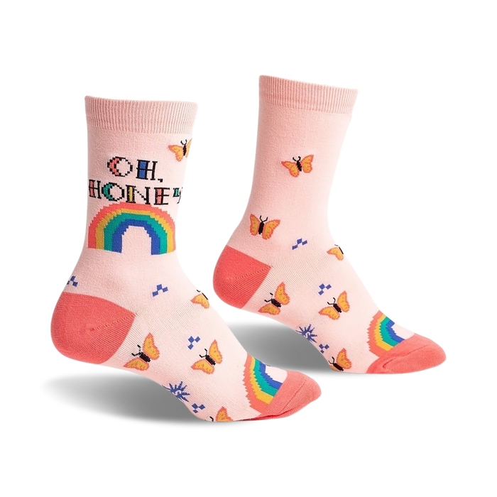 single pair of pink oh honey crew socks with butterflies, for women  