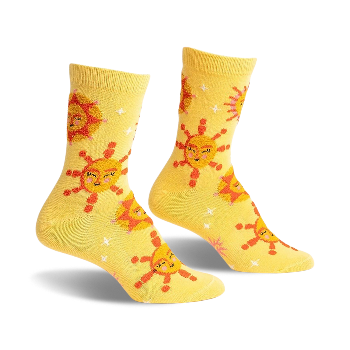 Pair of yellow crew socks with a whimsical sun and star pattern. The suns have cute faces and the background is speckled with tiny stars.