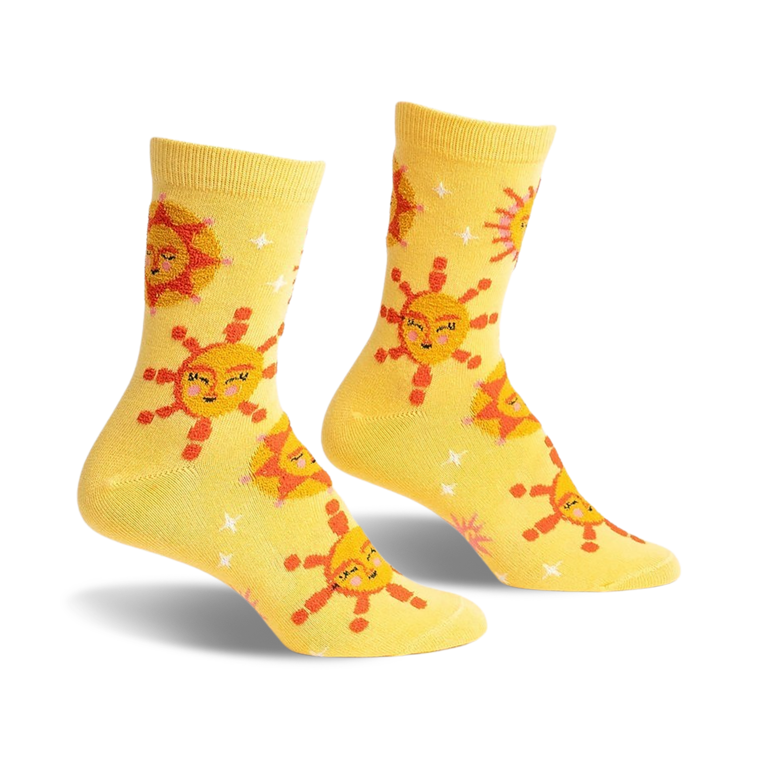 Pair of yellow crew socks with a whimsical sun and star pattern. The suns have cute faces and the background is speckled with tiny stars.