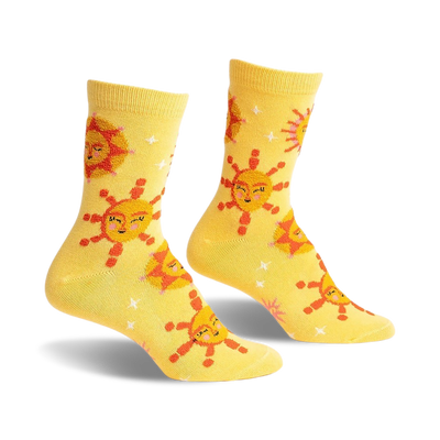 yellow crew socks with a pattern of smiling suns and white stars on a yellow background.   