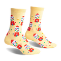 Pair of pastel yellow crew socks with a repeating pattern of colorful gumball machines and scattered gumballs.