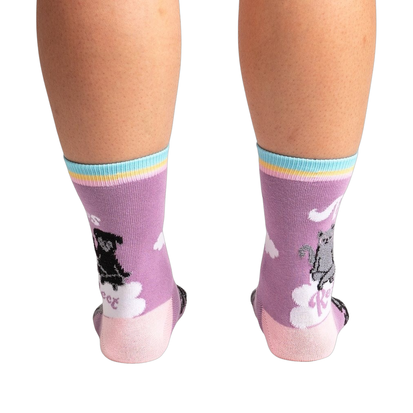 Rear view of Paws + Reflect socks, highlighting the full design on the back of the socks.