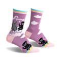 Crew socks in purple featuring a cat and dog design on a cloudy background. Pastel rainbow stripes accent the cuffs.