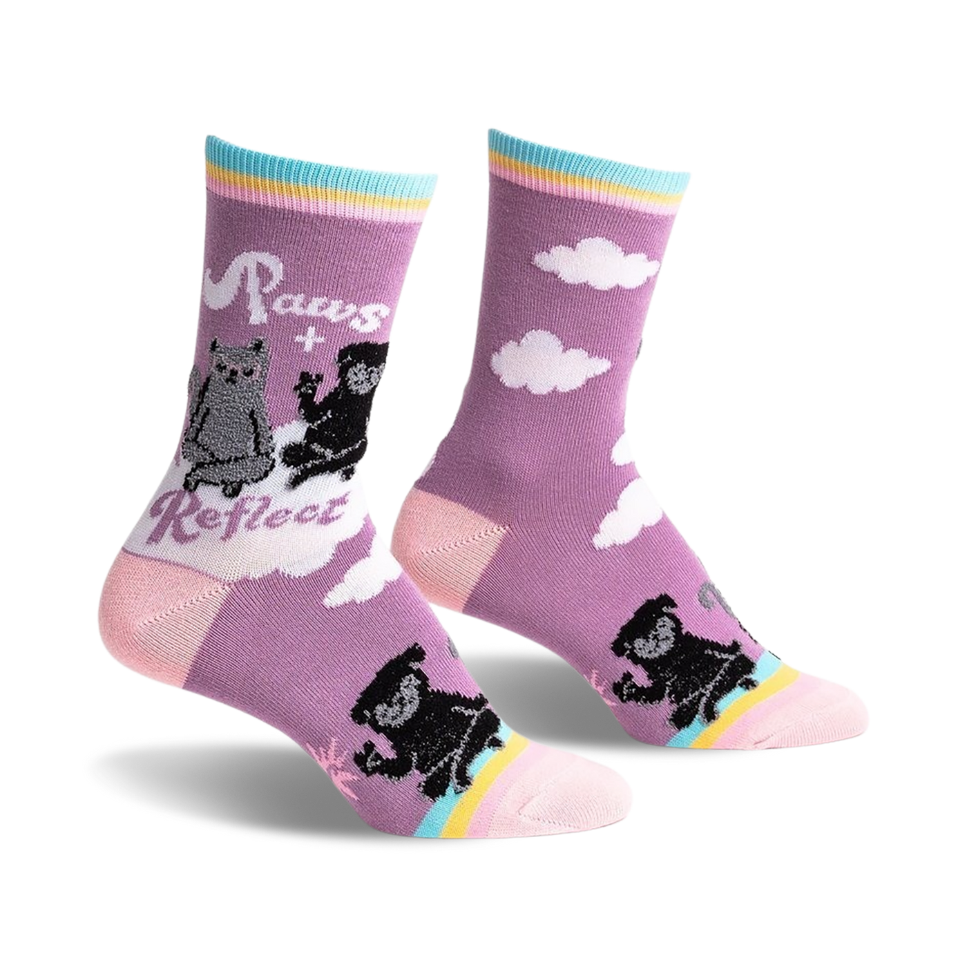 Crew socks in purple featuring a cat and dog design on a cloudy background. Pastel rainbow stripes accent the cuffs.