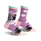 Crew socks in purple featuring a cat and dog design on a cloudy background. Pastel rainbow stripes accent the cuffs.