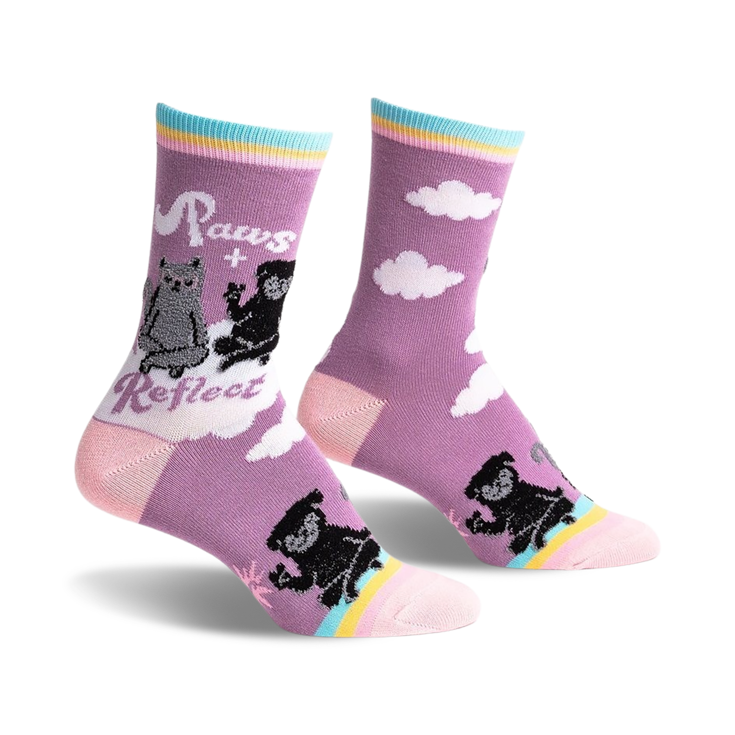 Crew socks in purple featuring a cat and dog design on a cloudy background. Pastel rainbow stripes accent the cuffs.