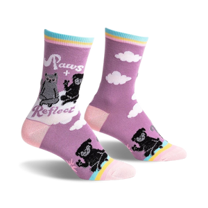 purple crew socks with rainbow, clouds, black cat, gray cat, and 