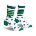 Pair of crew socks in white, green, and lime green. Features shamrock pattern and '100% Lucky' text.