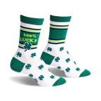 Pair of crew socks in white, green, and lime green. Features shamrock pattern and '100% Lucky' text.