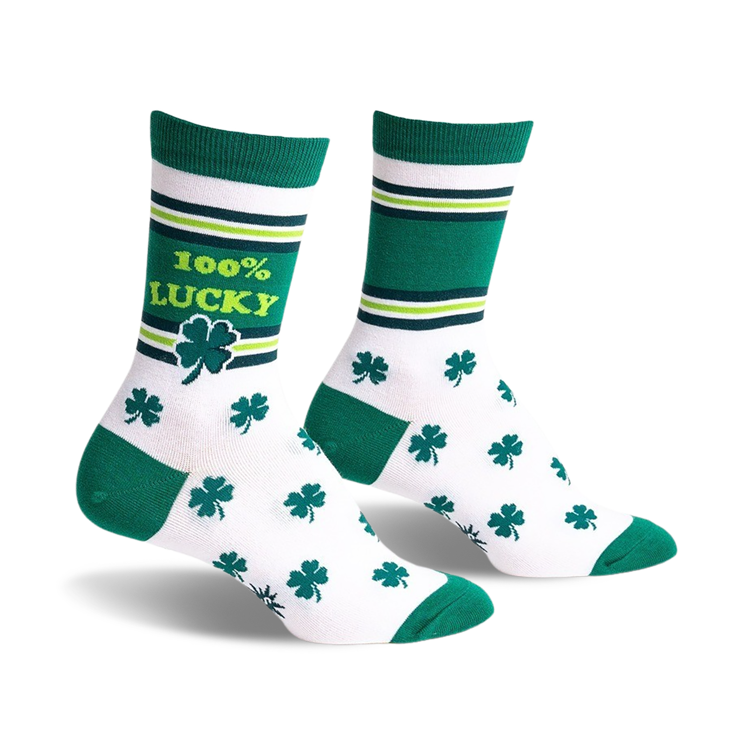 Pair of crew socks in white, green, and lime green. Features shamrock pattern and '100% Lucky' text.