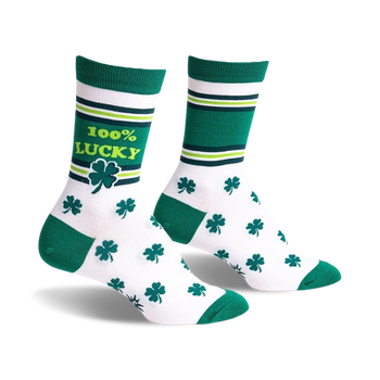 white women's crew socks with green clovers, green toe, heel and top with white stripes and green "lucky" lettering.  