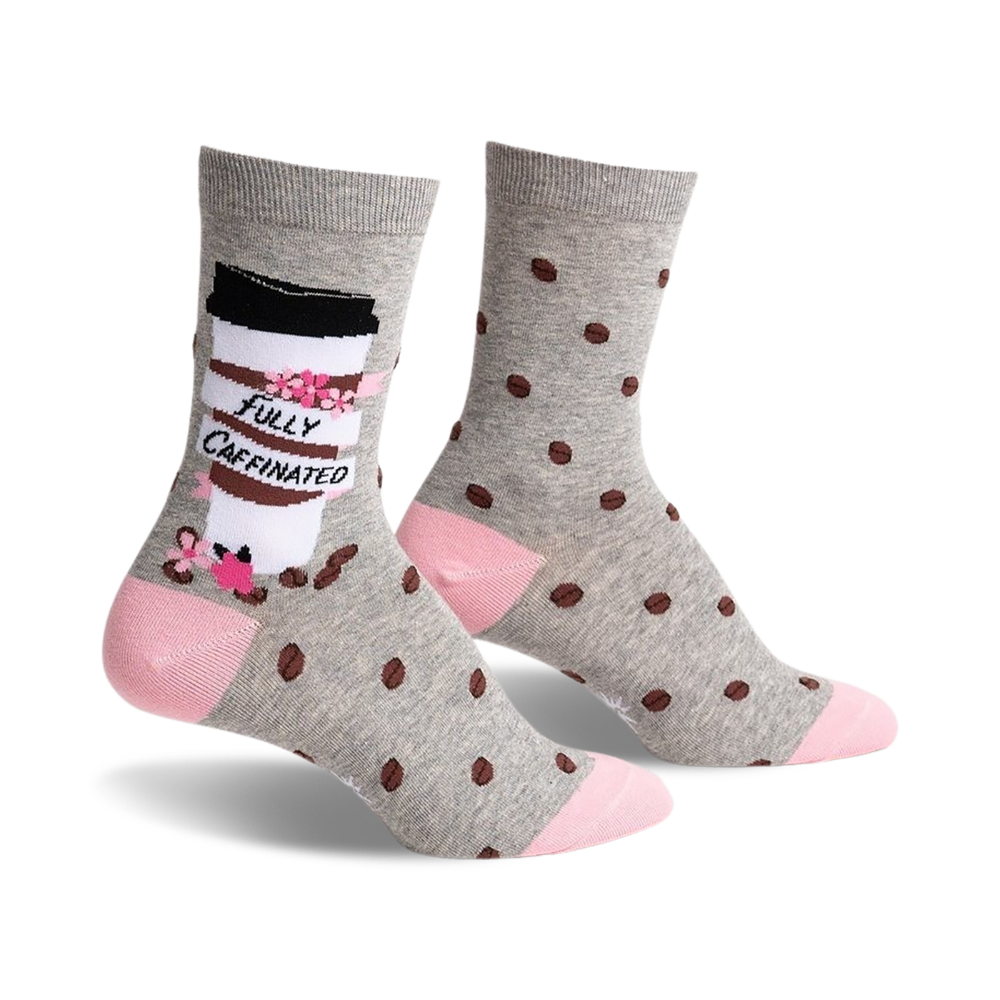 Pair of women's crew socks in gray with brown coffee bean polka dots and a coffee cup graphic that says "Fully Caffinated." Pink accents at the heel and toe.