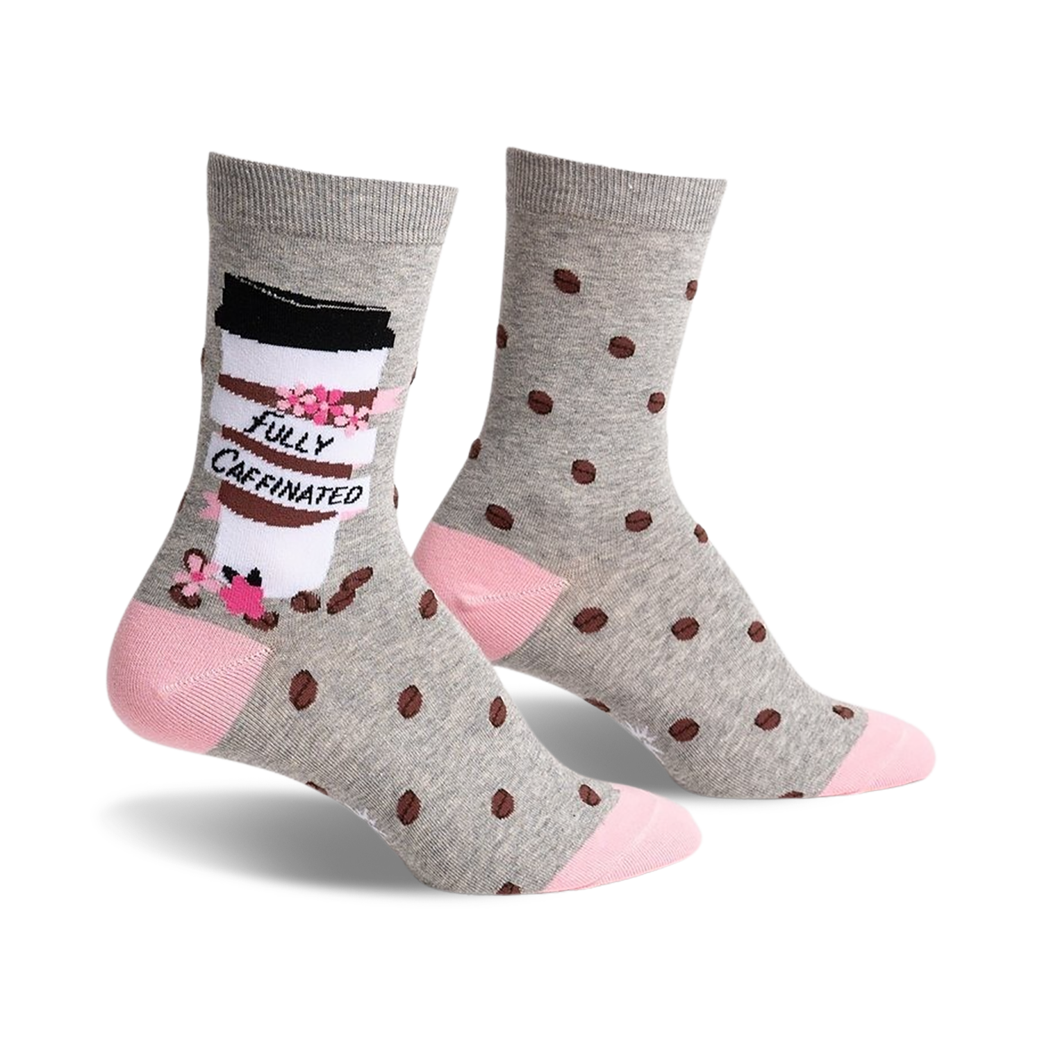 Pair of women's crew socks in gray with brown coffee bean polka dots and a coffee cup graphic that says "Fully Caffinated." Pink accents at the heel and toe.